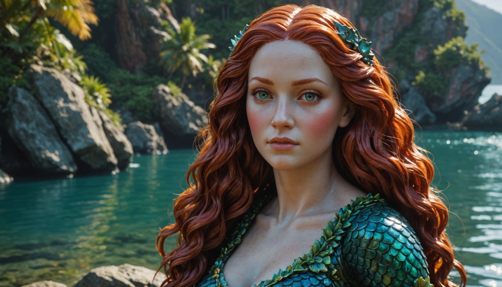 Ethereal Red-Haired Mermaid Goddess in Hyper Realistic Portr...