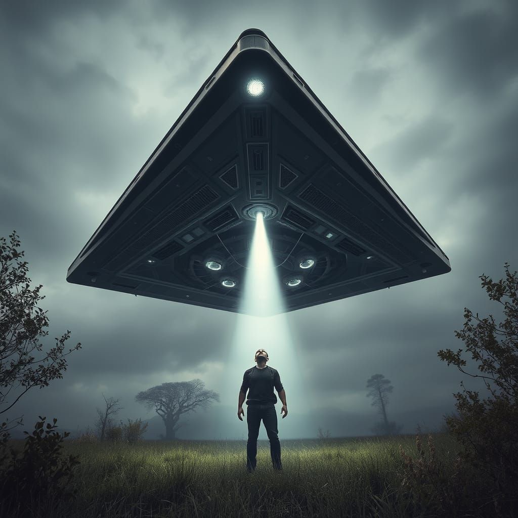 Triangle UFO Menaces a Terrified Man in a Serene Landscape