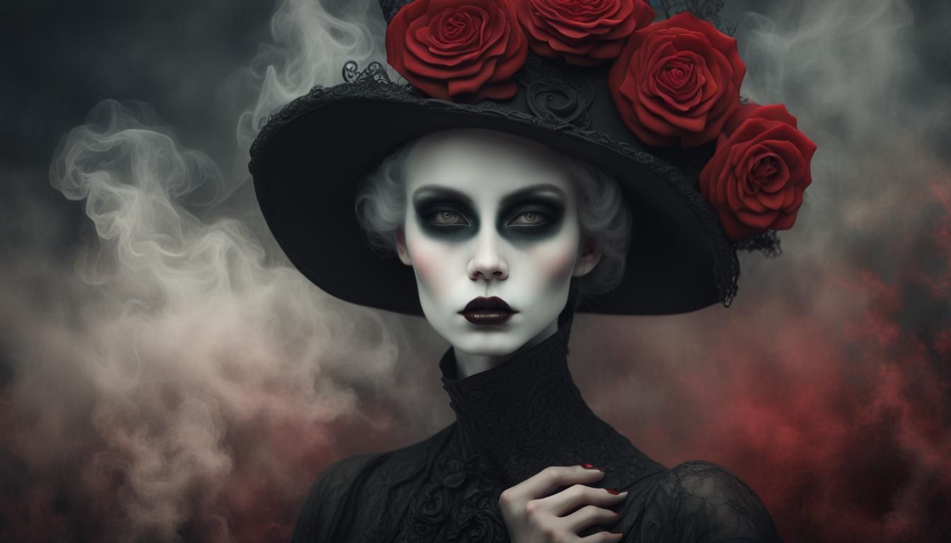 Ghostly Porcelain Woman with Rose: Surreal 3D Rendering