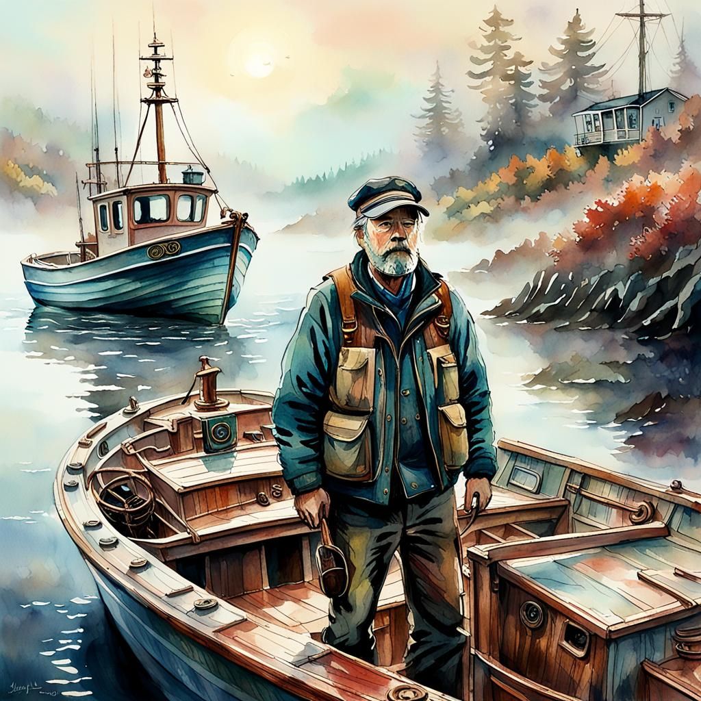 Lobster Boat Captain in Misty Autumn Seas