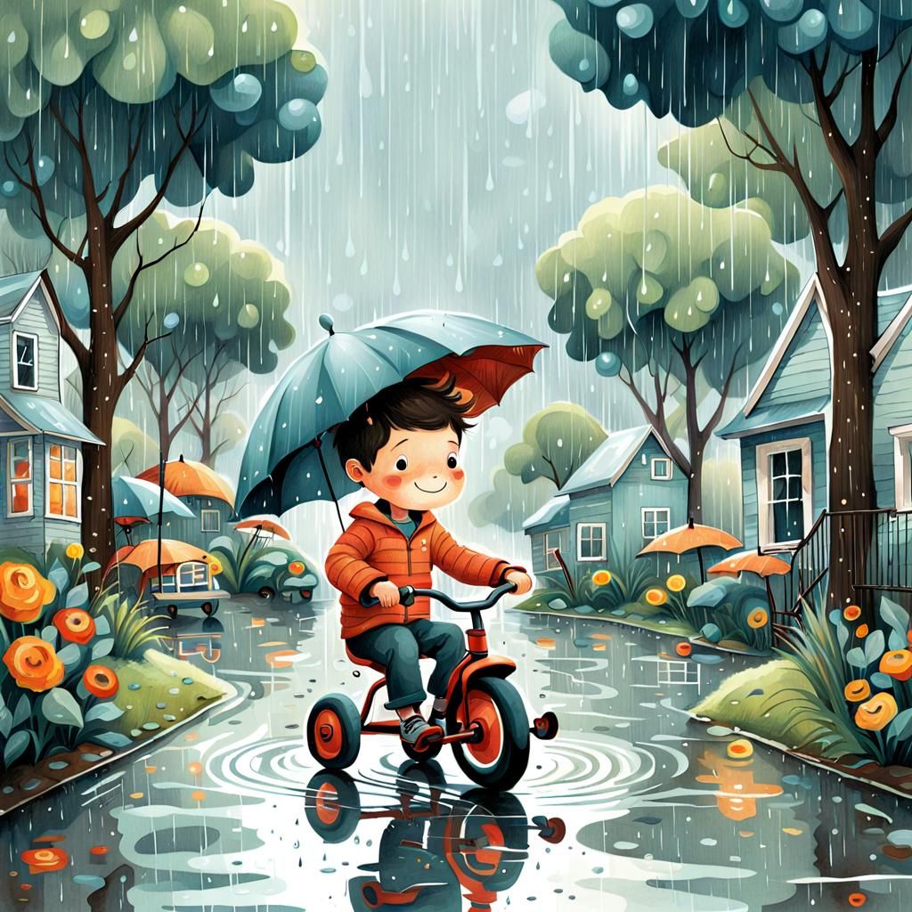 Whimsical Boy on Tricycle in Rain