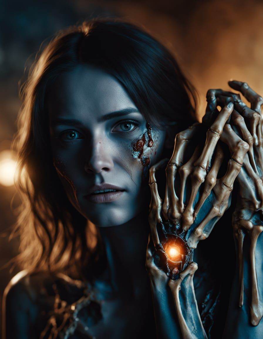 Cyborg Woman Cradles Skeletal Remains in Ruined Home