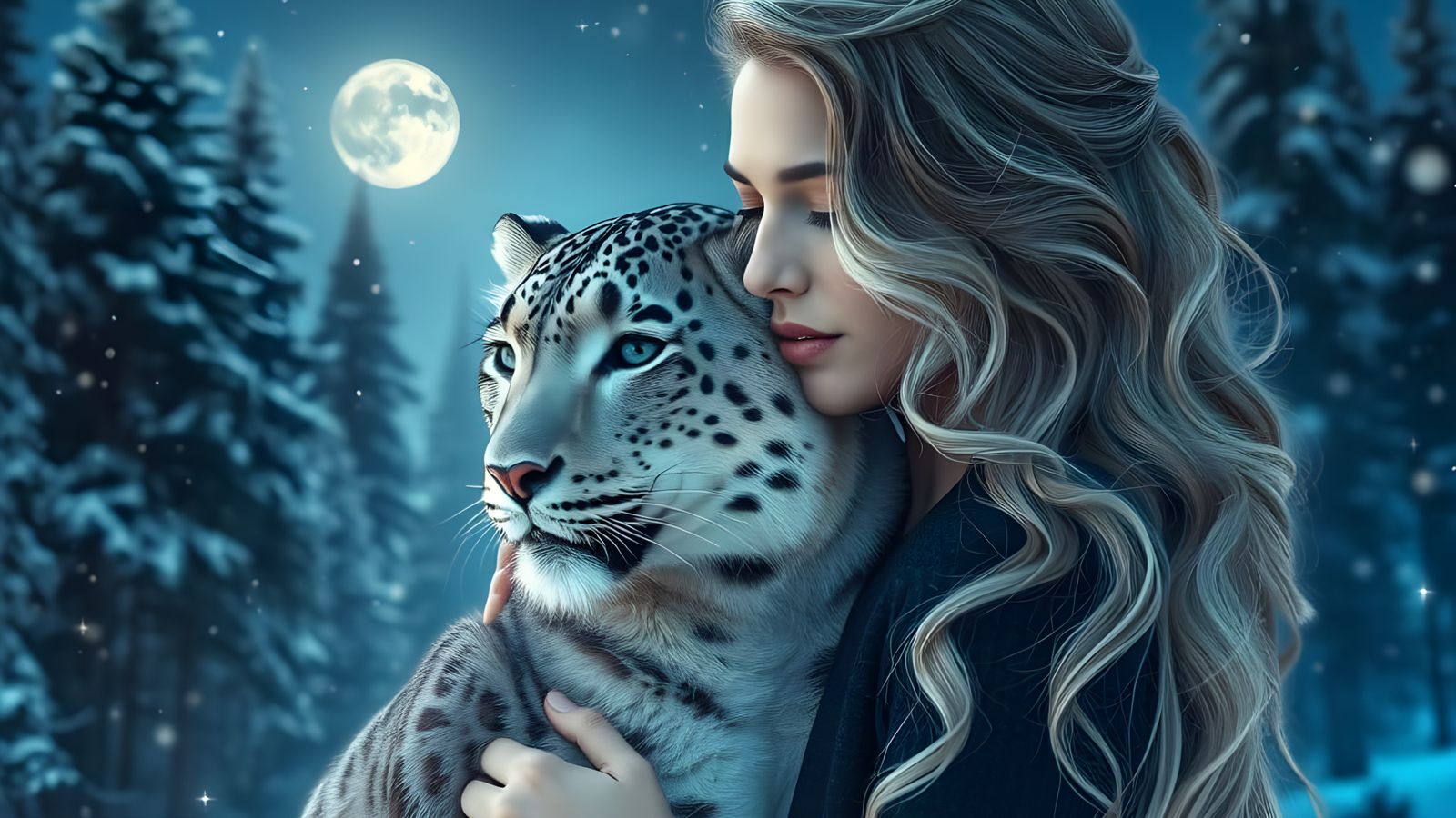 Ethereal Woman Embracing Snow Leopard in Dreamlike Winter Sc...
