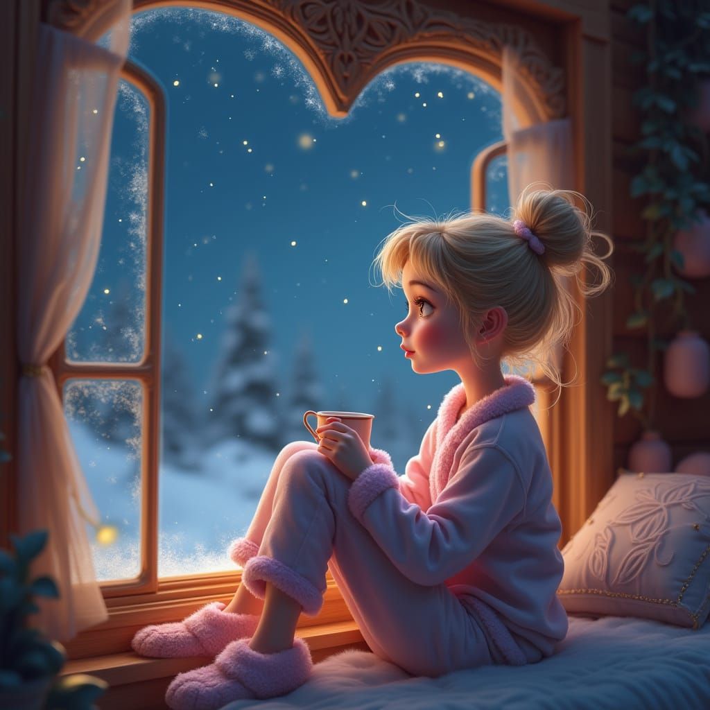 Dreamy Nighttime Scene with Whimsical Woman by Heart-Shaped ...