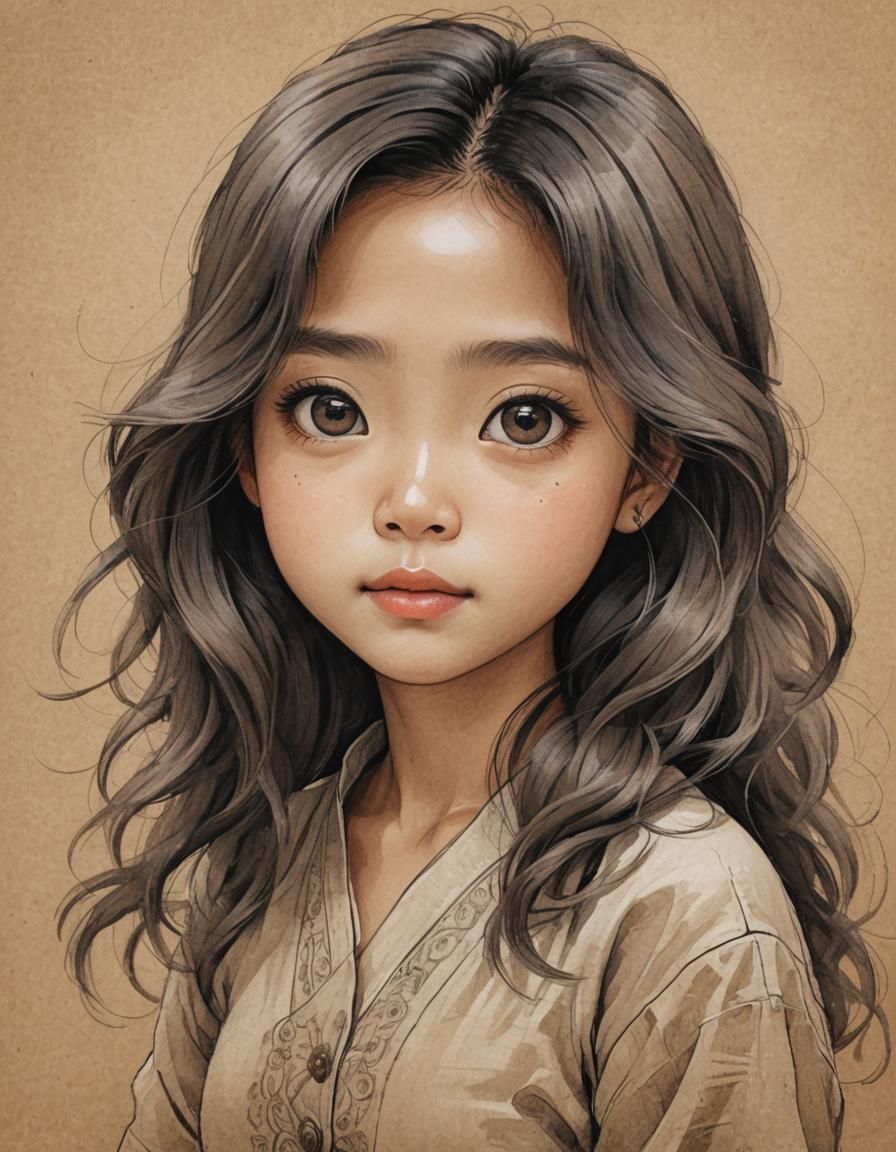 Happy Thai Girl on Beach in Hand-Drawn Style