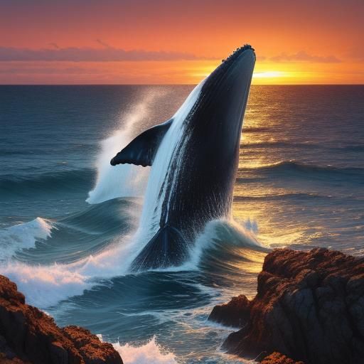 Majestic Whales at Sunset in Oceanic Splash Art