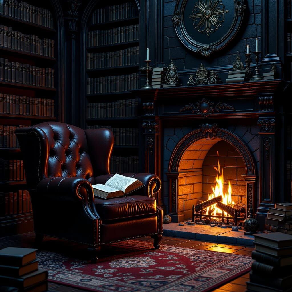 Fantastical Library Corner with Fireplace Glow