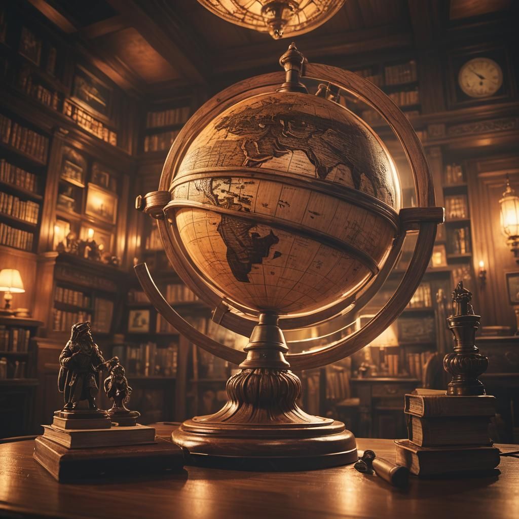 Detailed Wooden Globe Illuminated: Digital Matte Painting