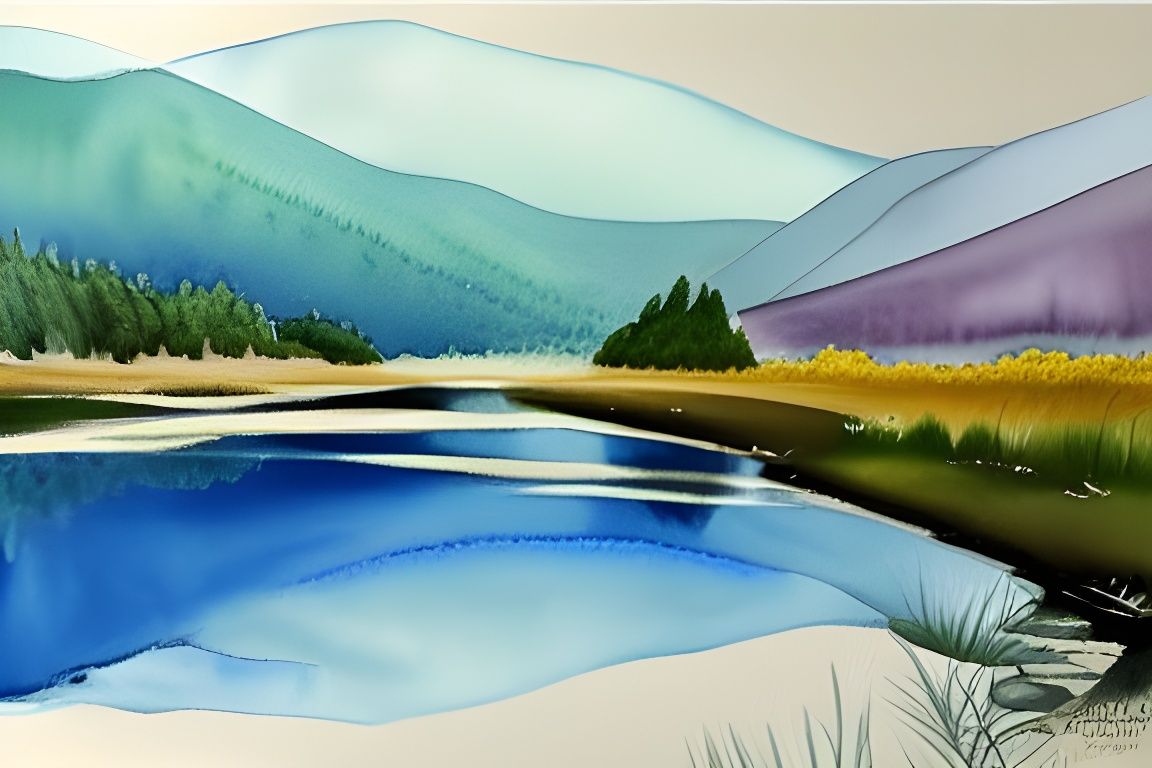 Reflective River Landscape in Watercolor Style