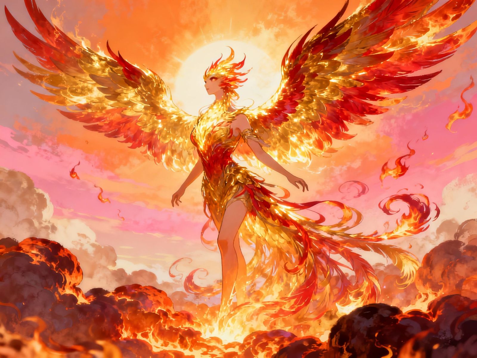 Anime Phoenix Goddess With Fiery Wings