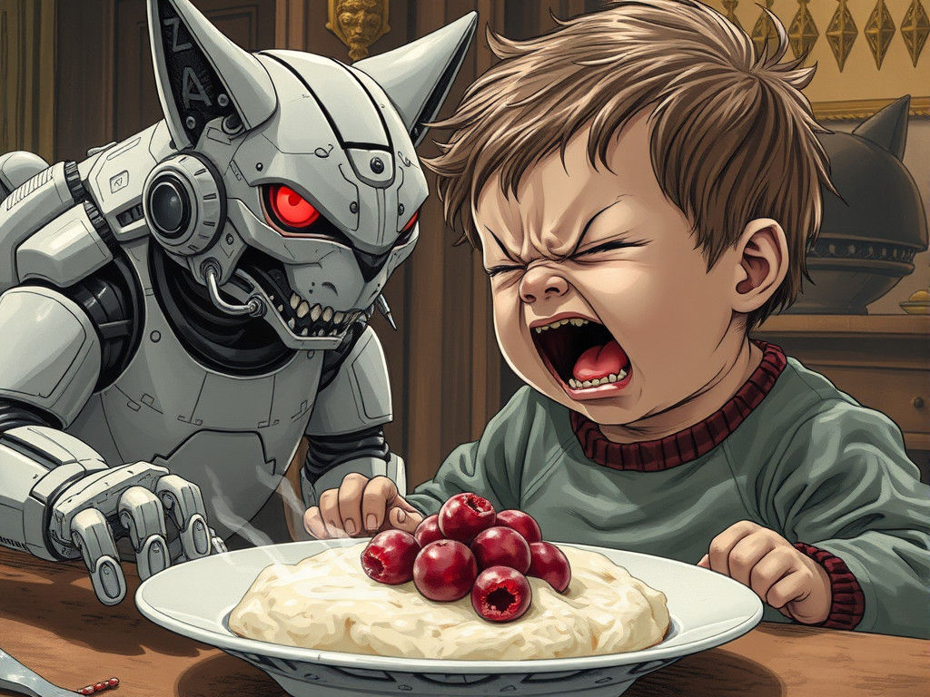 Futuristic Robot Cat Guards Porridge