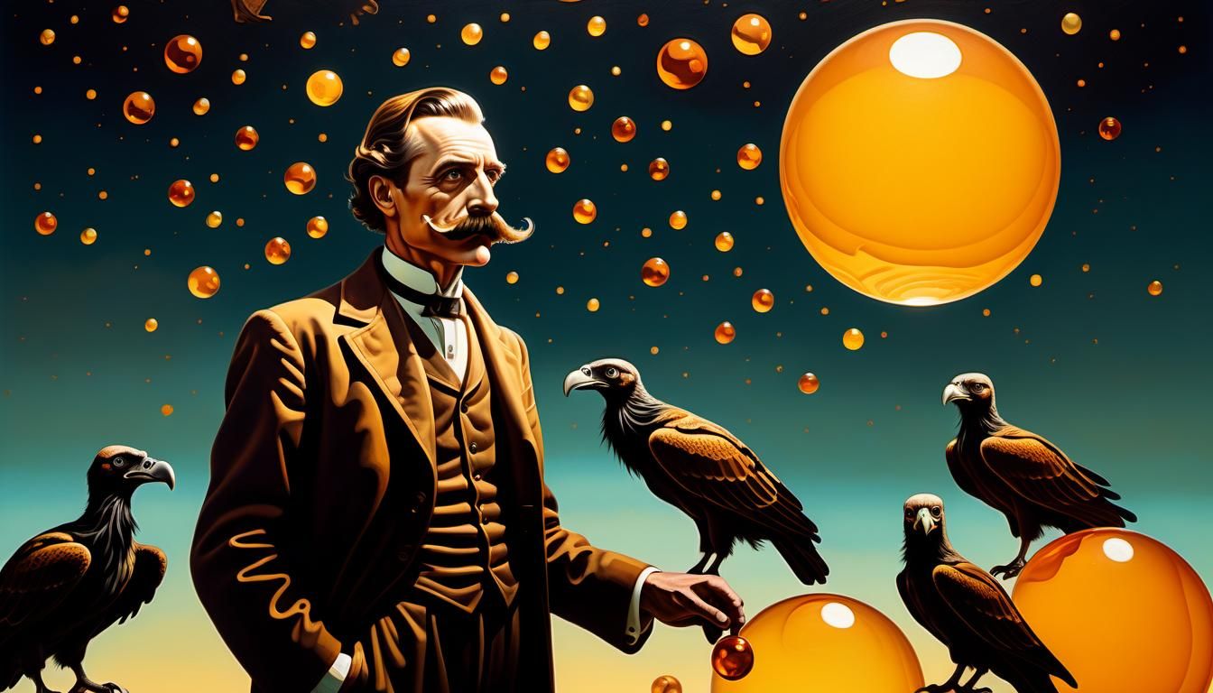 Surreal Mustachioed Man with Vultures in Amber Light