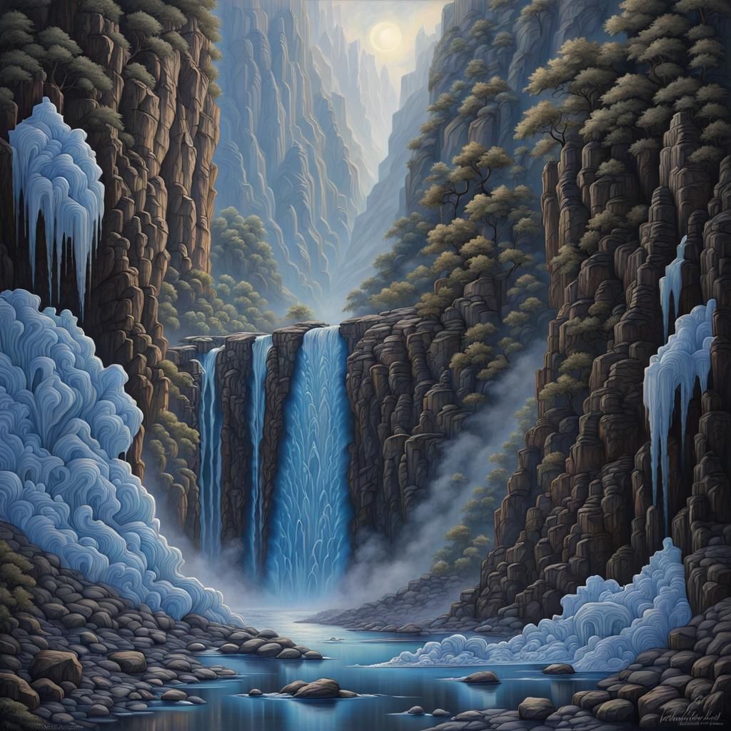 Bronze Canyon Waterfall in Decoupage Style