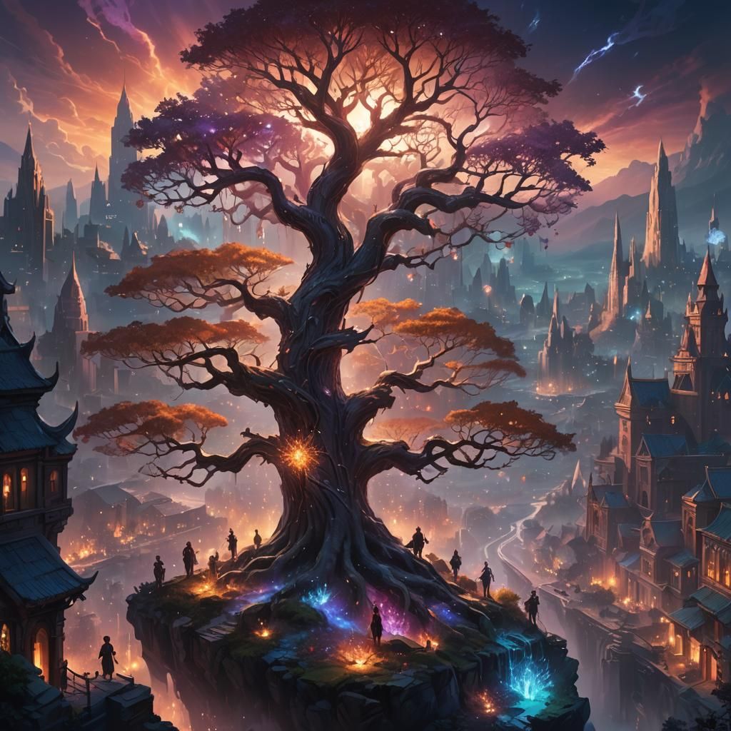 Mythological Legends Gather Around Crystalline Tree