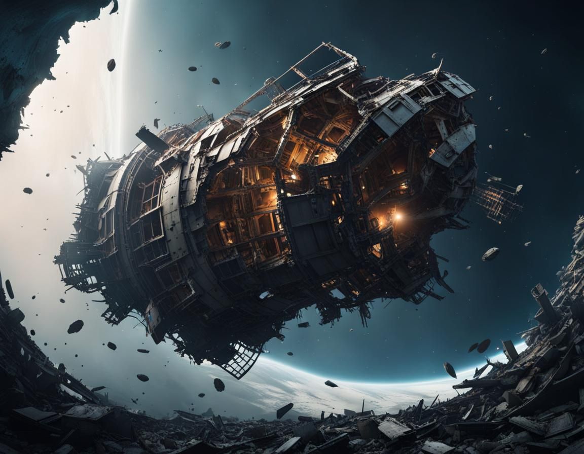 Wreck of Gigantic Spaceship Drifting in Void