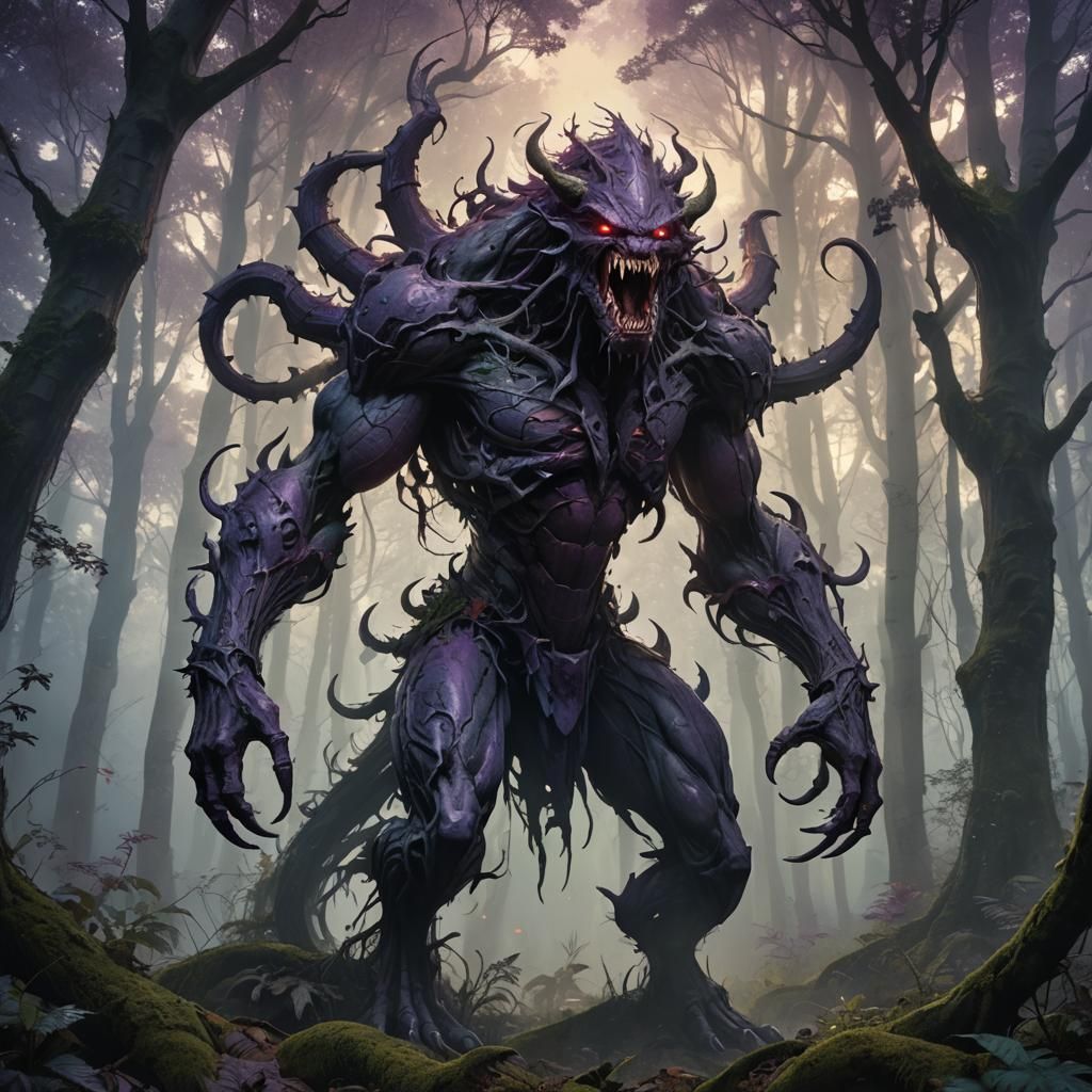 Eerie Five-Armed Creature in Dark Fantasy Forest