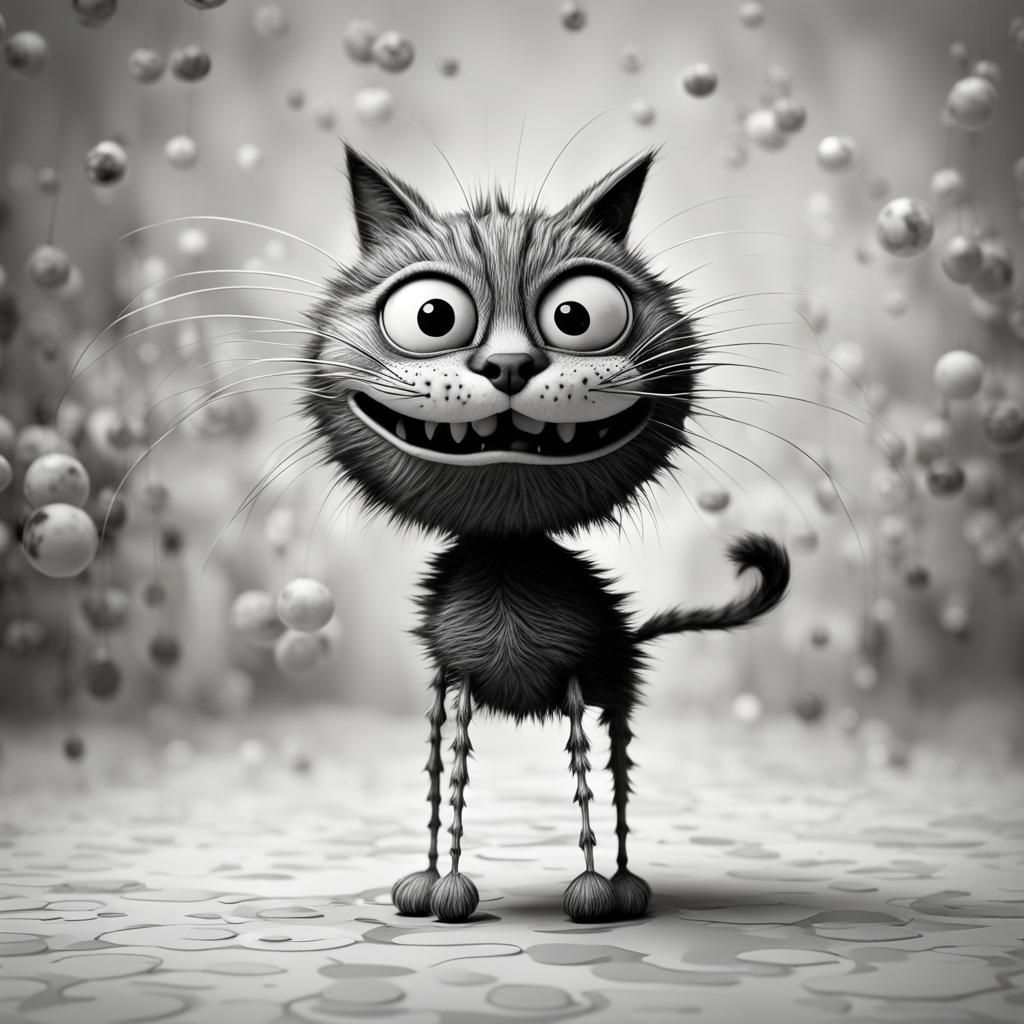 Funny Cartoon Cat-Ball in Tim Burton Style
