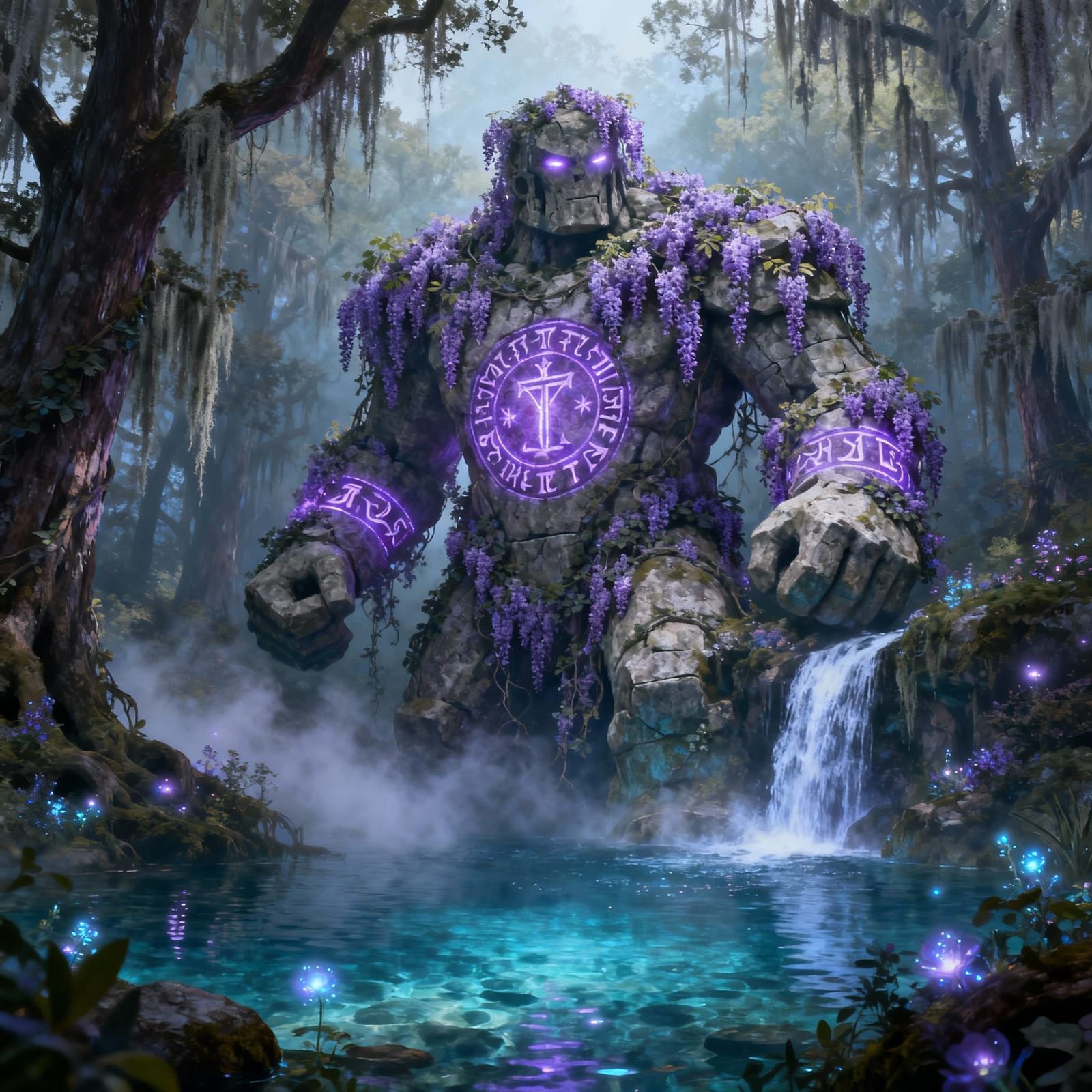 Stone Golem Guards Mystical Waterfall in Ethereal Forest