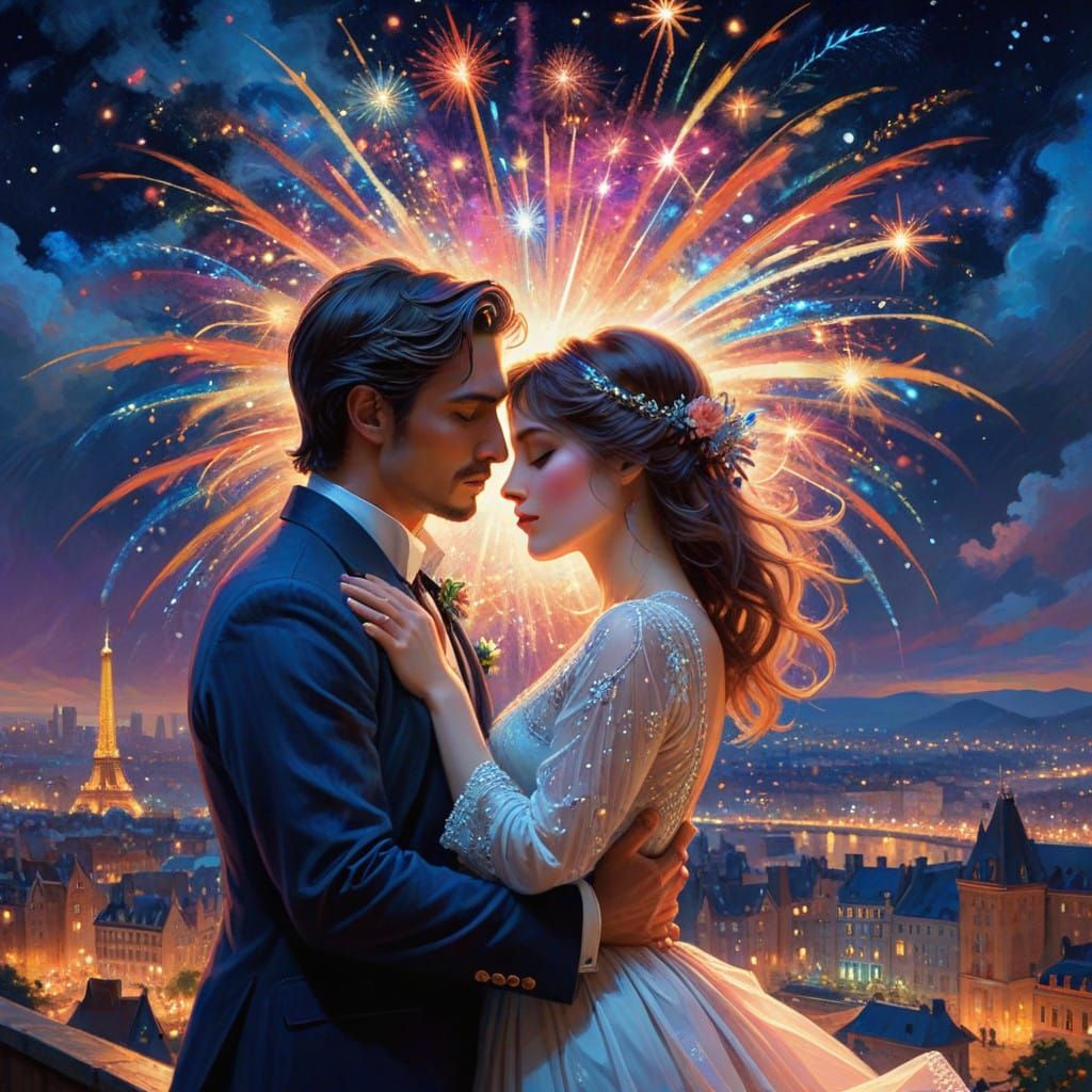 Midnight Kiss Under a Kaleidoscope of Fireworks