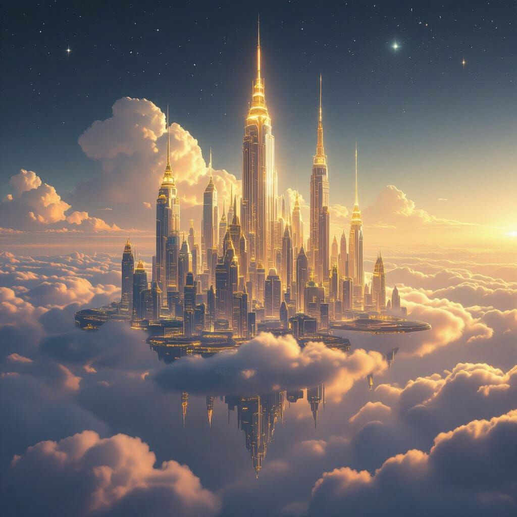 Floating City of Crystal and Gold in Ethereal Light