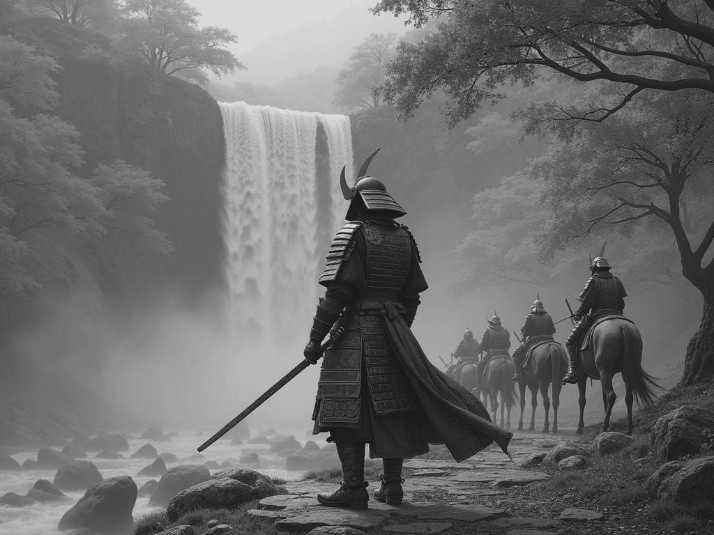 Samurai and Waterfall in Dark Fantasy Style