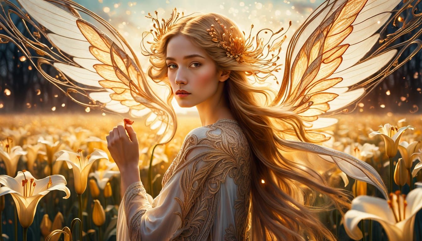 Ethereal Angelic Figure in Lily Field, Art Nouveau Style