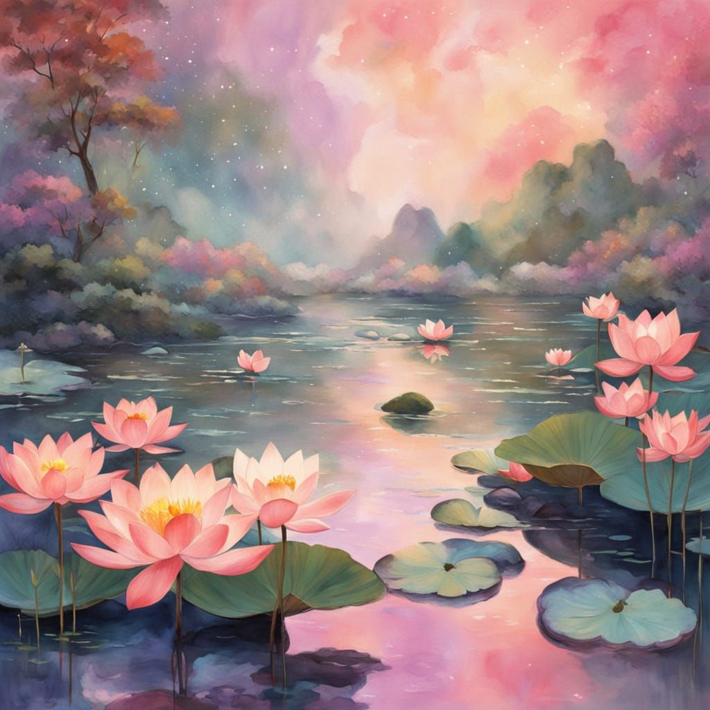 Dreamy Chinese Watercolor Pond Scene