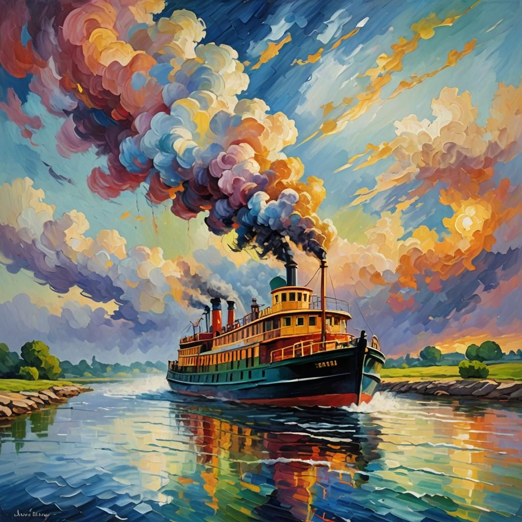 Colorful Steamboat on River as Impasto Oil Painting