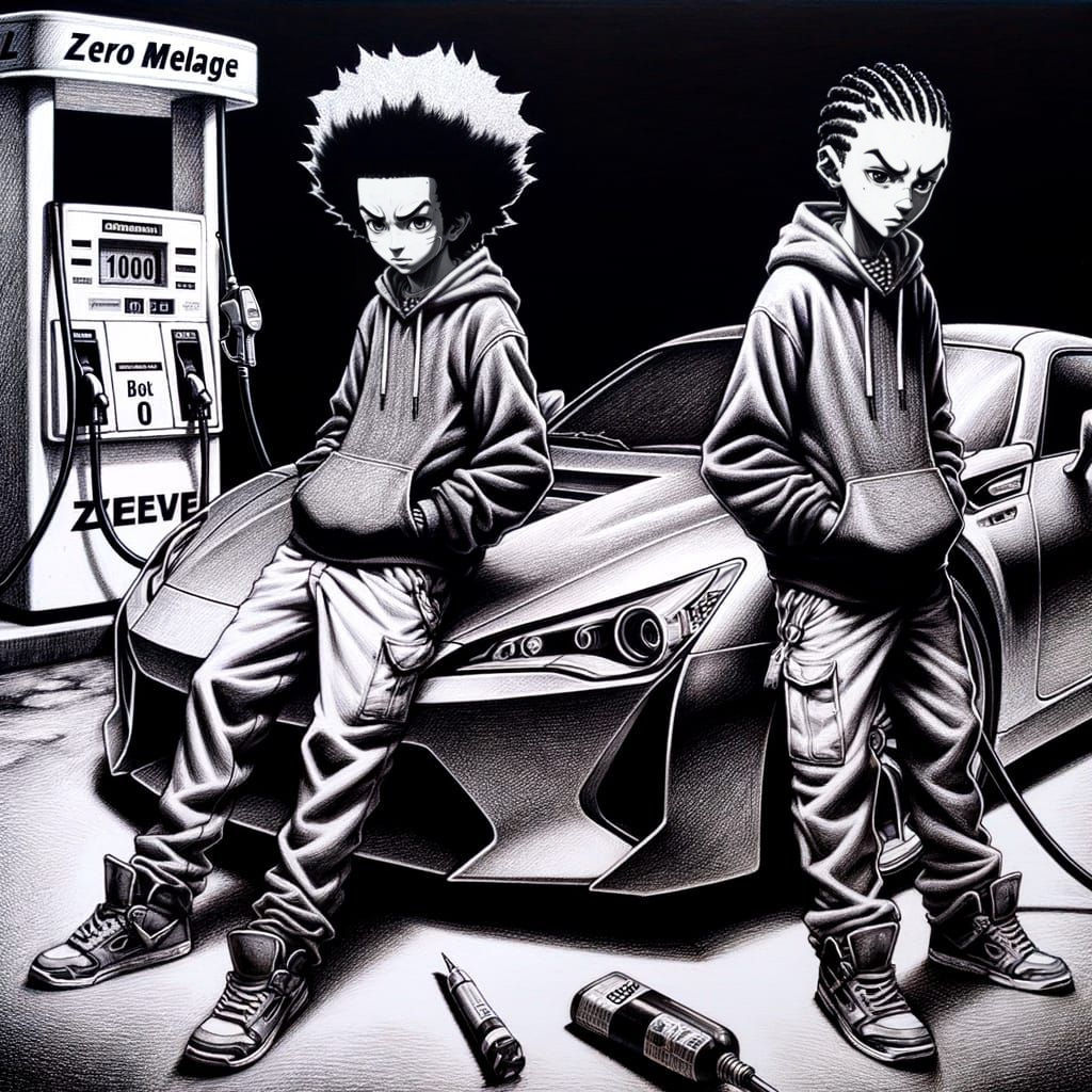 Two Boys in Hip-Hop Fashion Stand Beside a Sports Car at Zer...