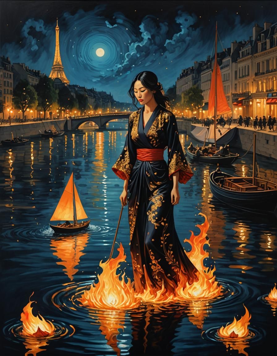 Flaming Woman Emerges from Seine: Ukiyo-e Oil Painting