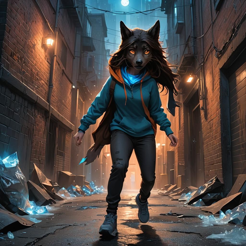 Girl and Wolf in Moody Fantasy Alleyway