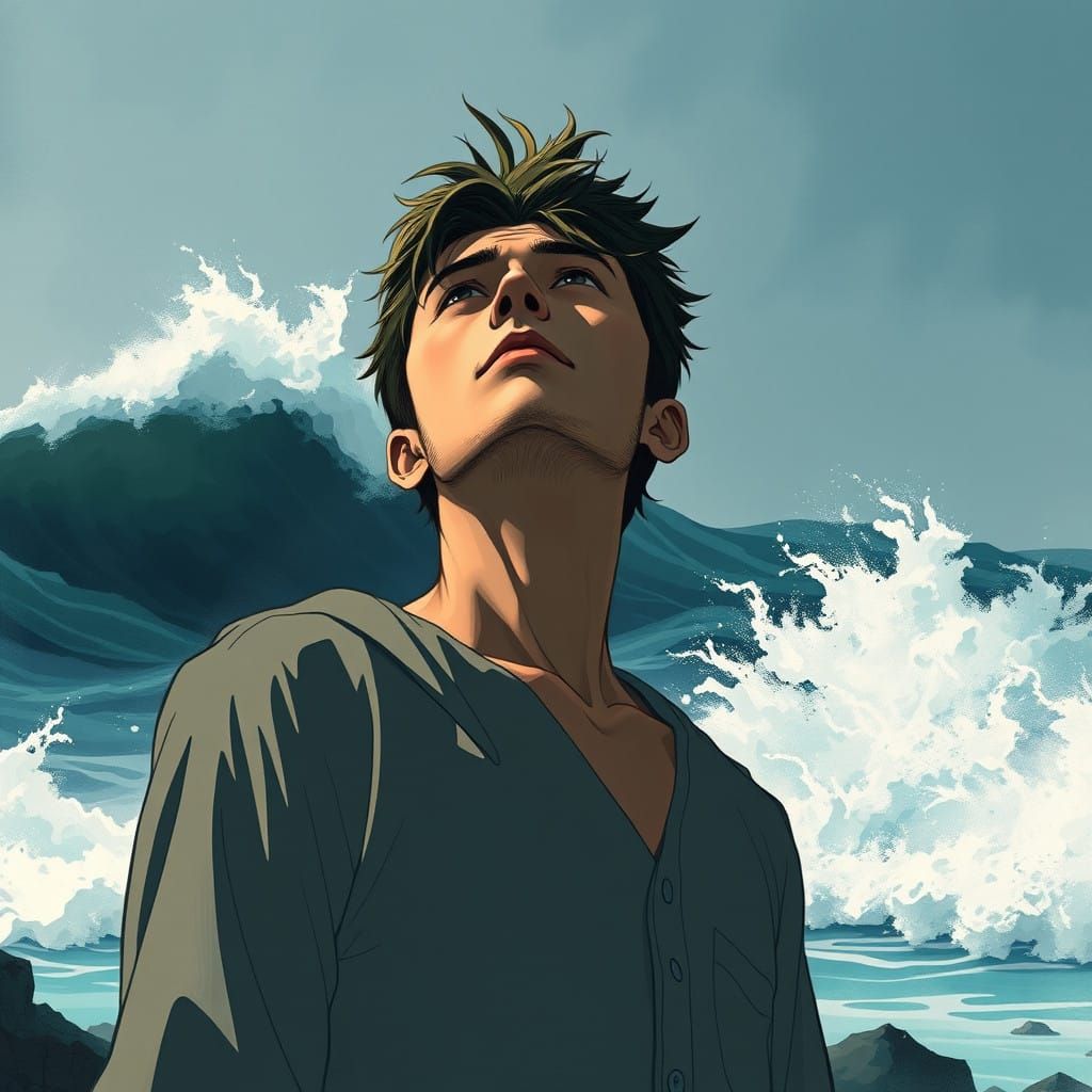 Contemplative Figure on Windswept Coastline in Haunting, Dre...