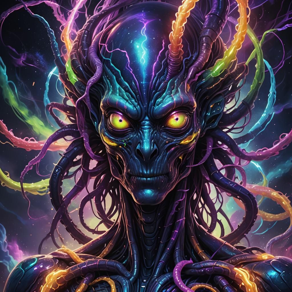 Alien with Rainbow Lightning Tentacles in Abstract Expressio...