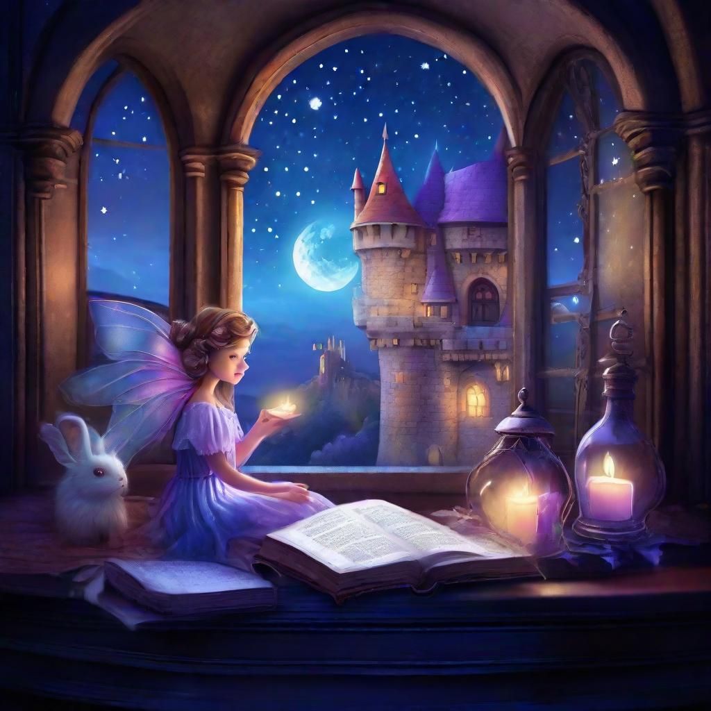 Fairy in Moonlit Castle with Potions, Whimsical Art