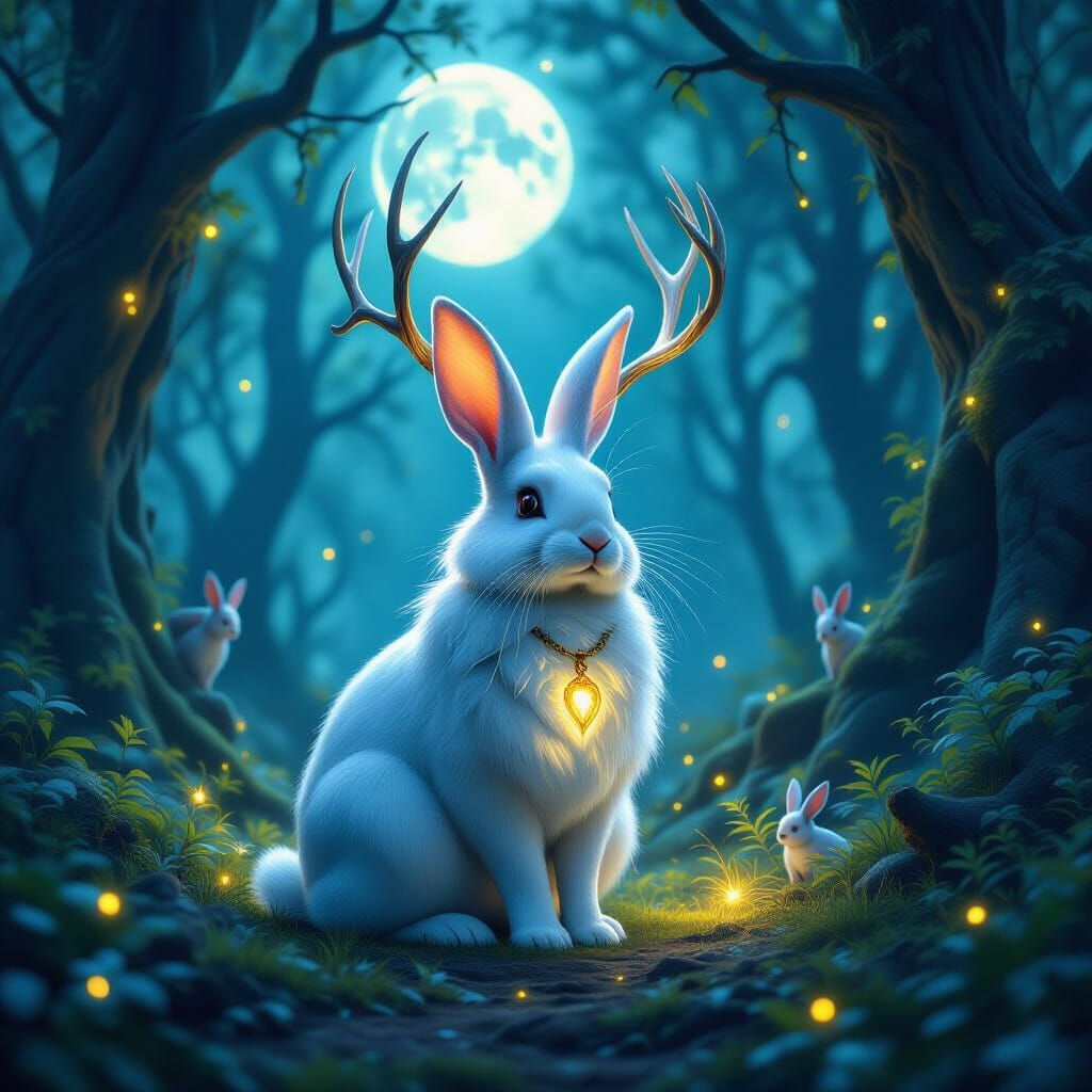 Majestic Antlered Rabbit in Enchanted Forest