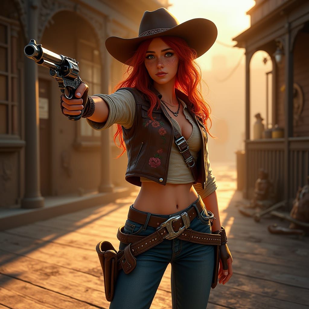 Determined Redhead Cowgirl Draws Revolver in Dusty Saloon