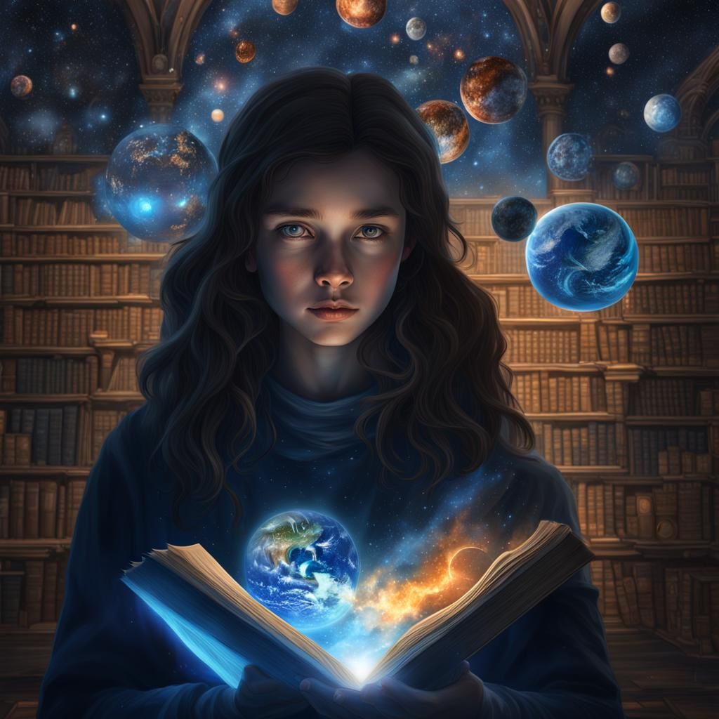 Magical Library: Hyperrealistic Tree of Life and Galaxy