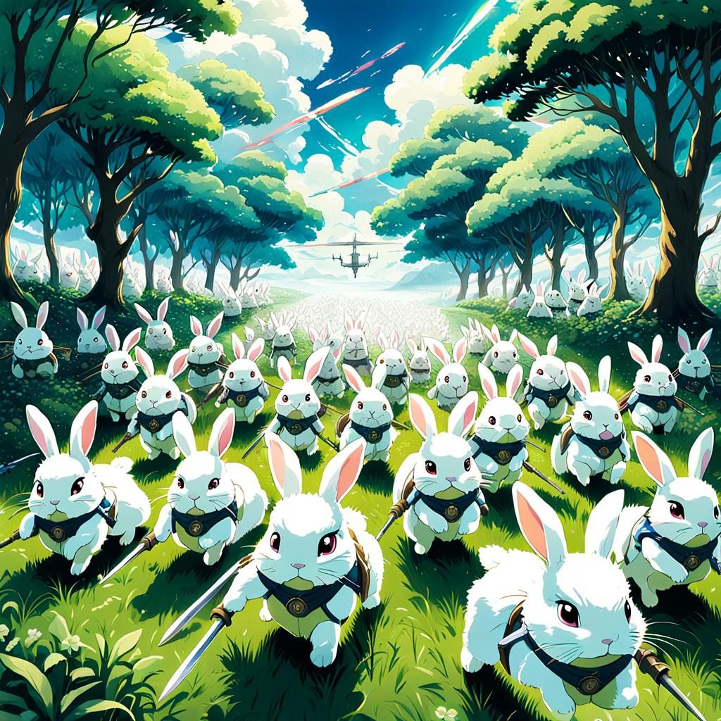 Anime-Style Bunny Army Marches Across Dreamy Landscape