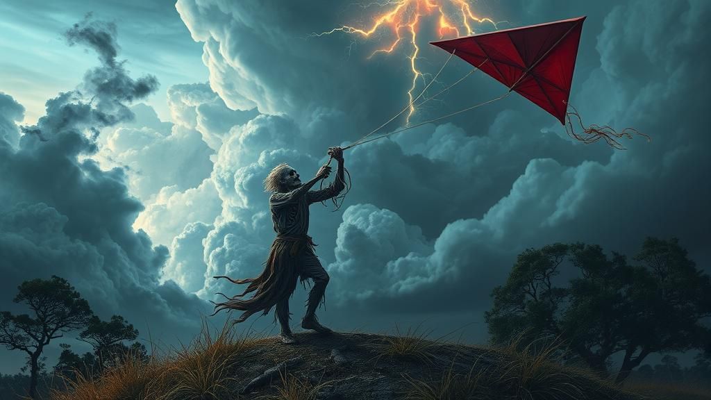 Zombie Flies Scarecrow Kite in Stormy Fractal Landscape