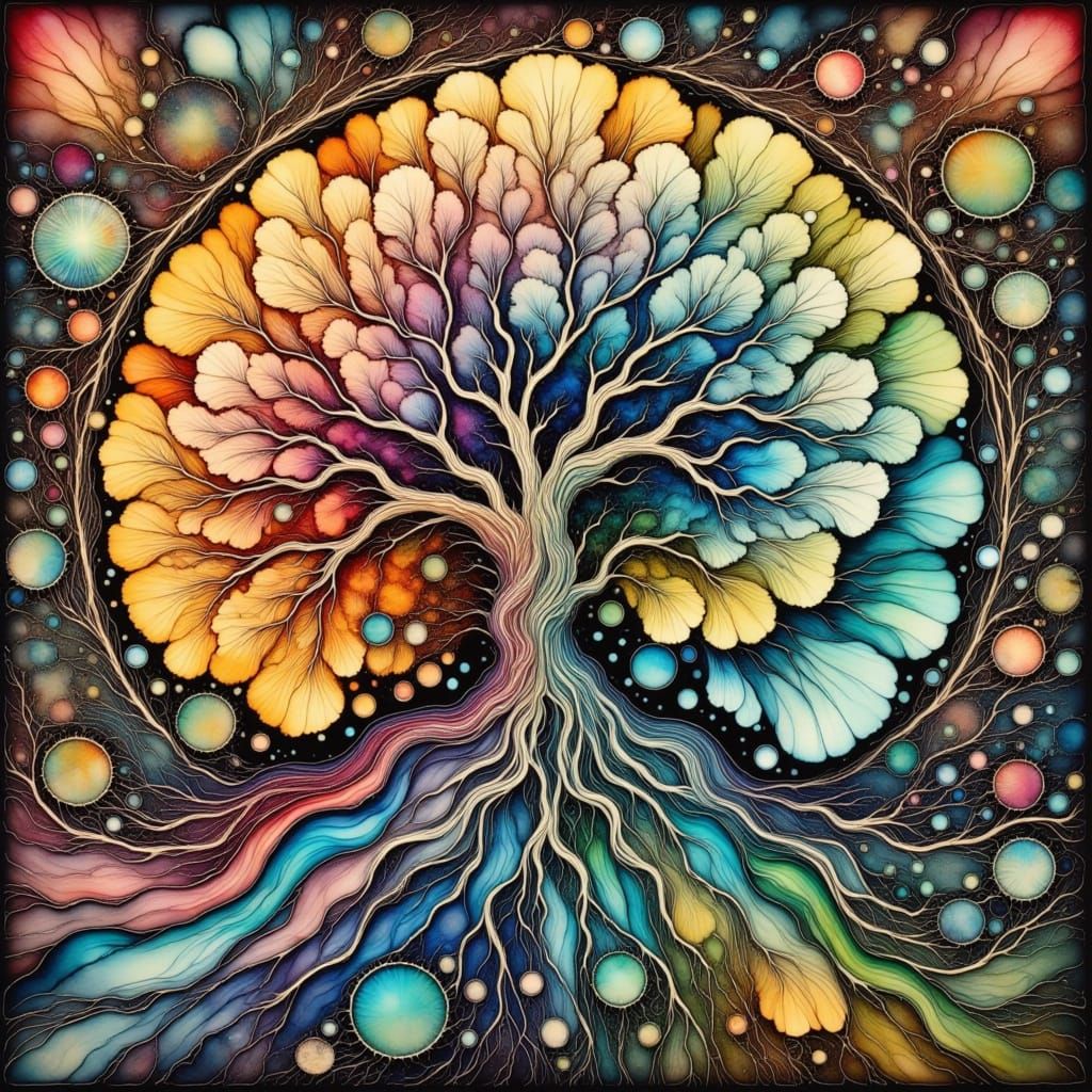 <lora:Neurographic Flux:1.0> <lora:Alcoholic Inks:1.0> <lora:Drizzle:1.0> <lora:Flax:1.0> tree of life, Ligamorphous bra...