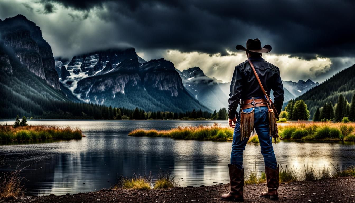 Hyperrealistic Cowboy Gazes at Rainy Lake