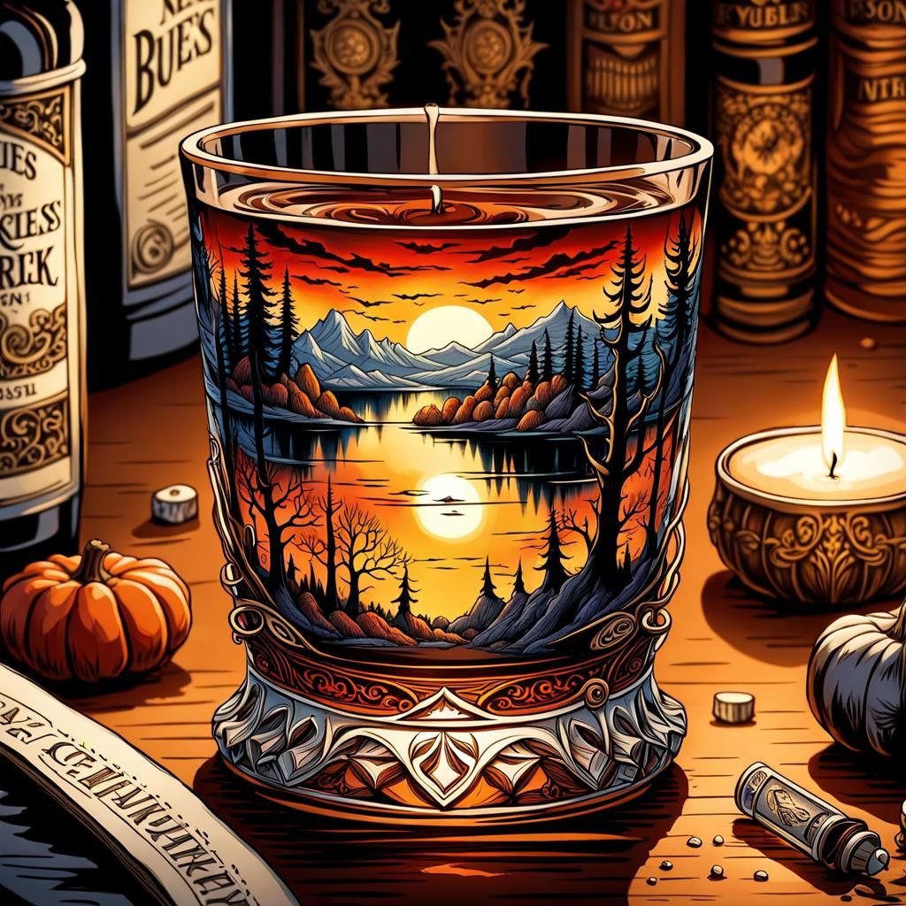 Autumnal Whiskey Glass in Gothic Watercolor Style