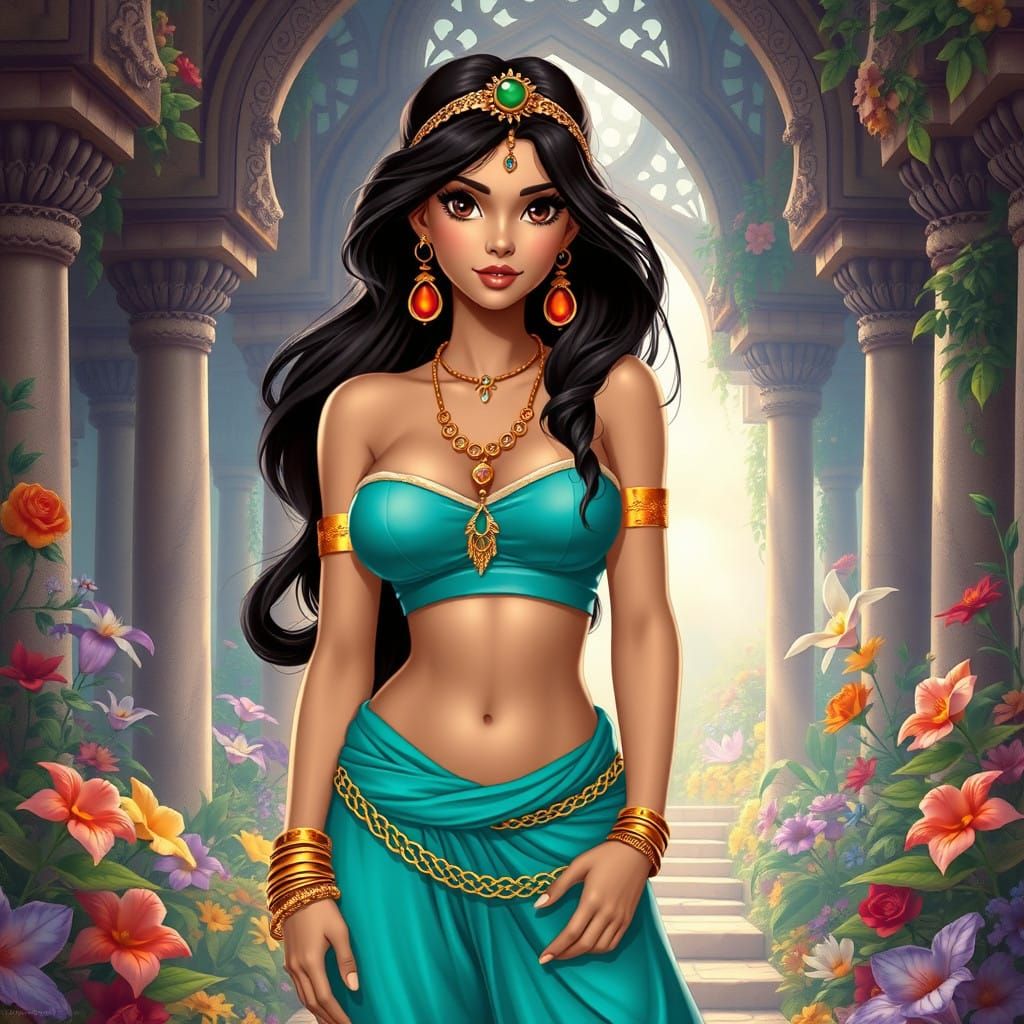 Middle Eastern Princess in Futuristic Garden Oasis