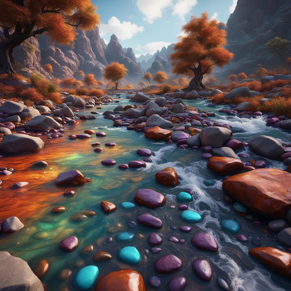 Colorful Stones in Shallow River: Fantasy Concept Art