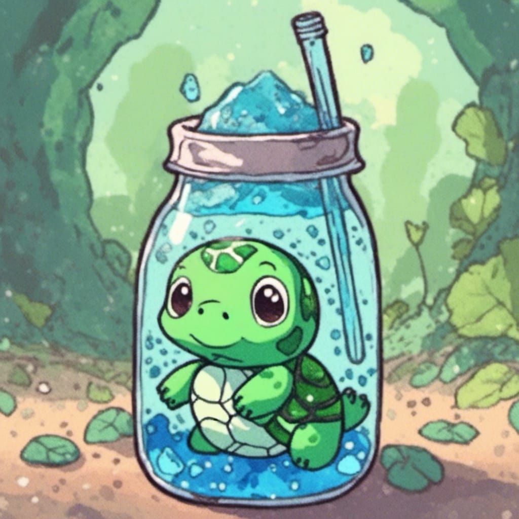 Chibi Turtle in Soda Bottle: Watercolor Art