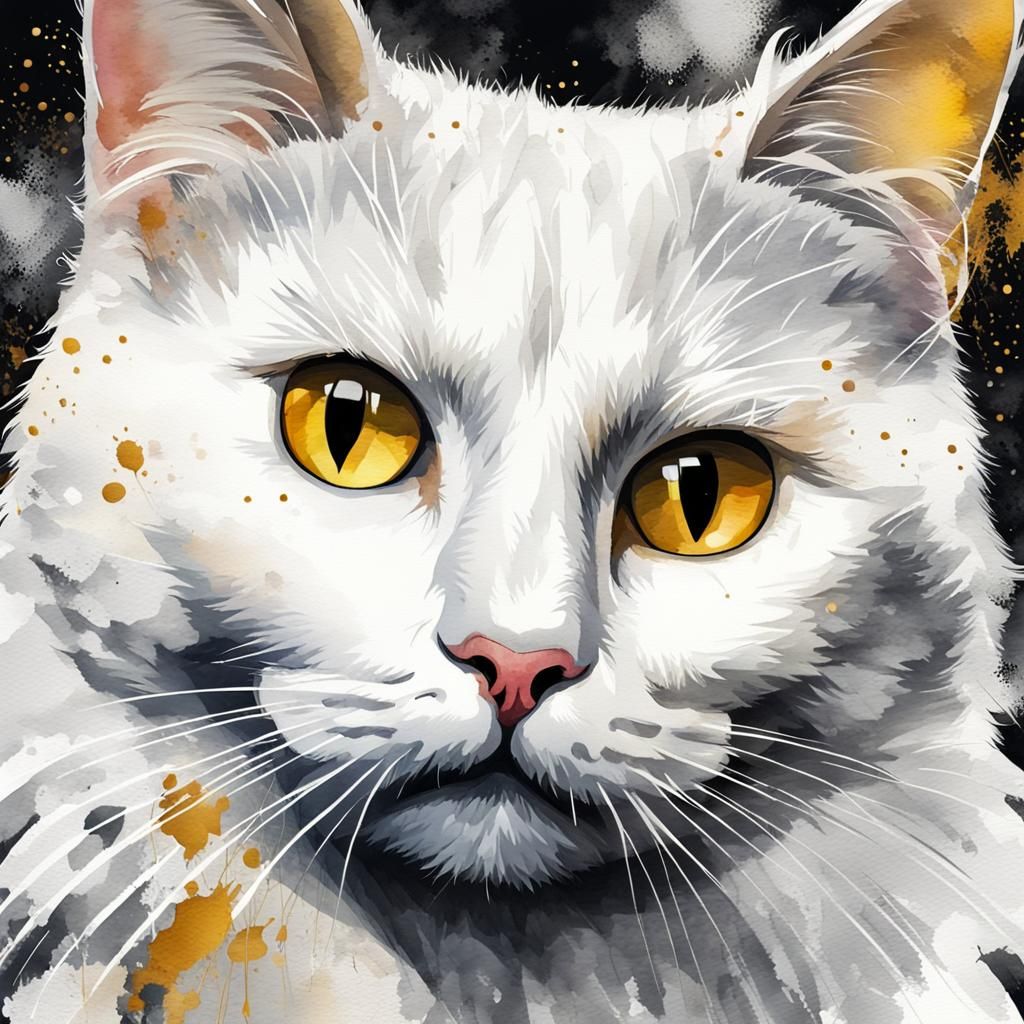 Golden-Eyed White Cat Portrait with Watercolor Accents
