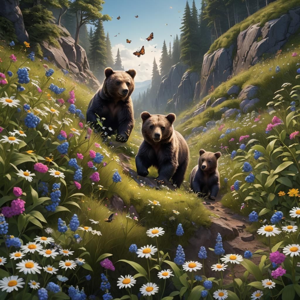 Mother and Baby Bear Blueberry Hillside Art