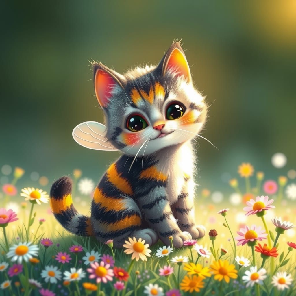Feline Honeybee in Kawaii Floral Meadow