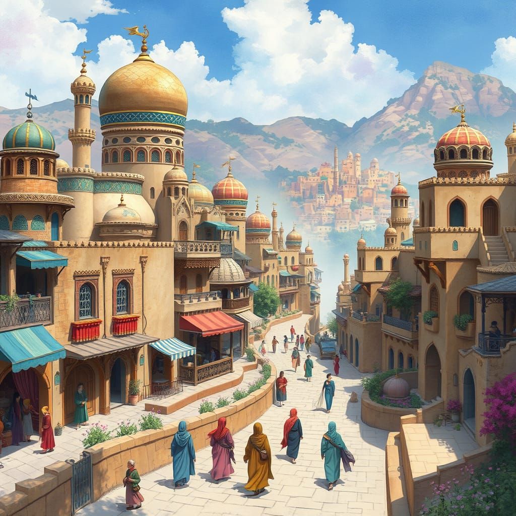 Fantasy Arabian City Inspired by Miyazaki and Amano
