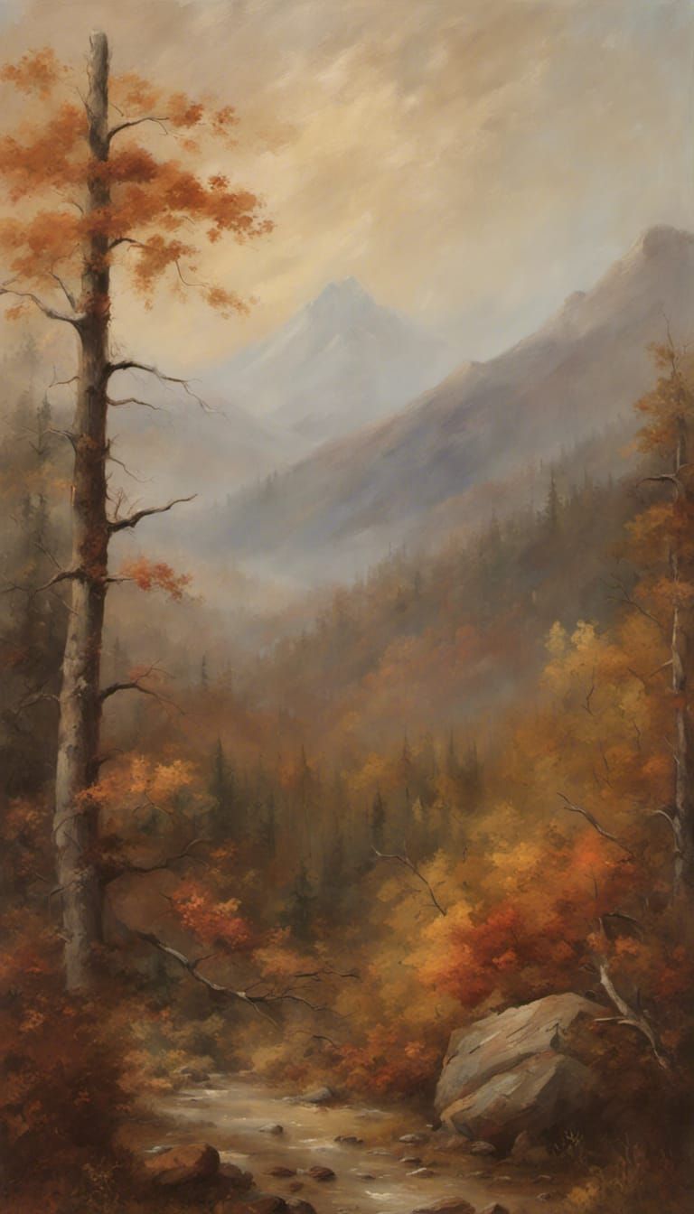Autumnal Mountaintop Forest in Rustic Oil Painting Style